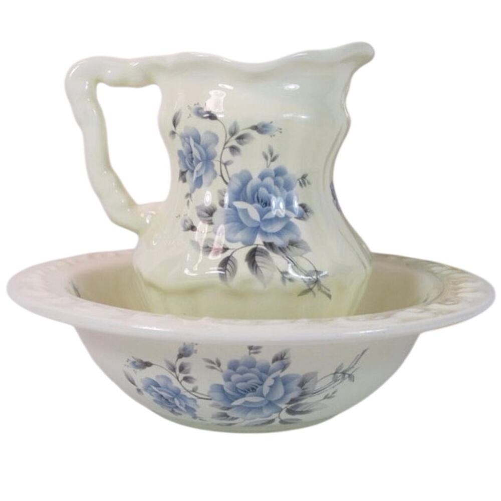 Pitcher Blue Rose Bouquet on Cream V B Athena  5 1/2 inch Basin 7 3/4 in Ceramic